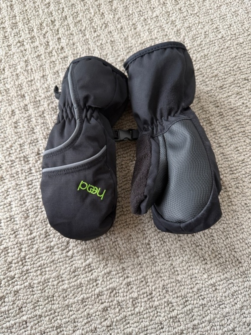 Head Black Kids Mittens with Green Logo